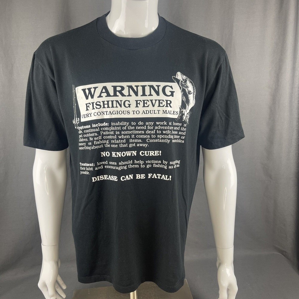 Warning Fishing Fever Vintage 90's Humor Funny Black Graphic T-Shirt Size XL